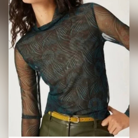 By Anthropologie- Blouse Women's S Black With Green Patern Mesh Turtle Neck - Picture 1 of 9